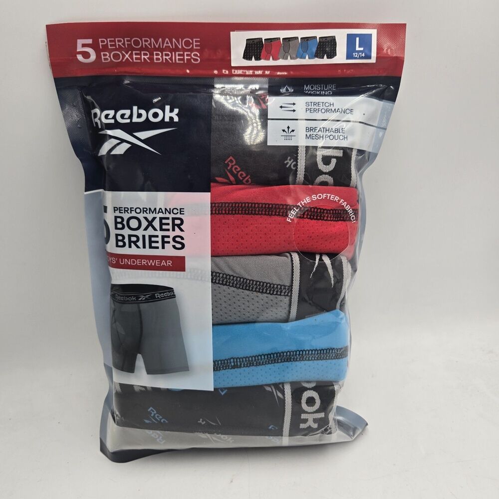 Reebok Boys Performance Boxer Briefs Size L 12/14 5 Pack Moisture Wicking NWT